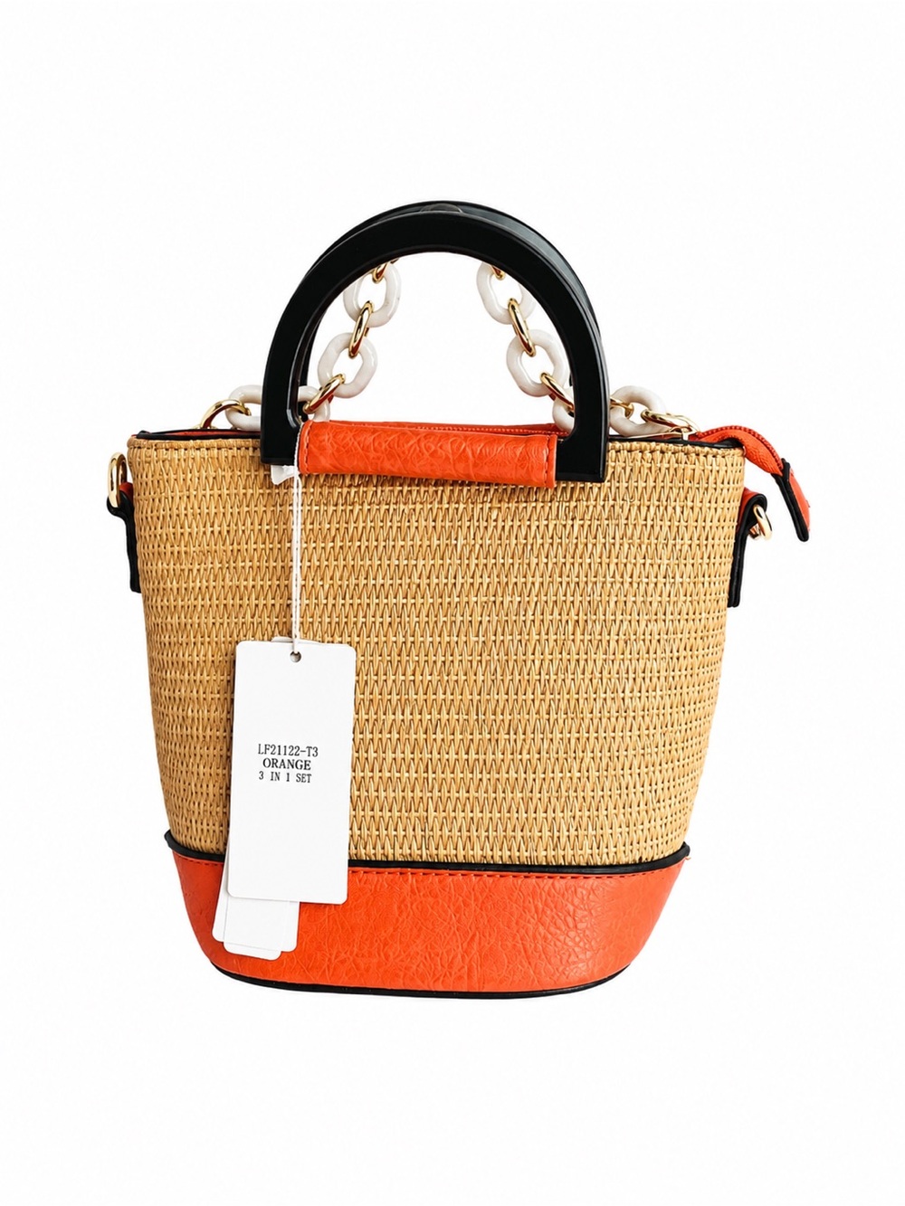 NWT Straw Tote Handbag Orange Vegan Leather Crossbody 3-Piece Set - Picture 4 of 12